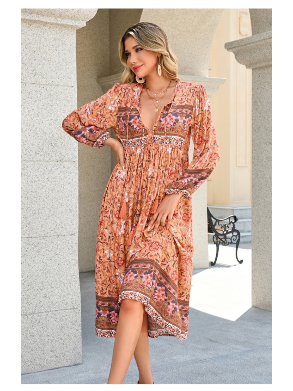 R. Vivimos Peach Long Sleeve Floral Print Retro V Neck Tassel Bohemian Dress - Picture 5 of 10